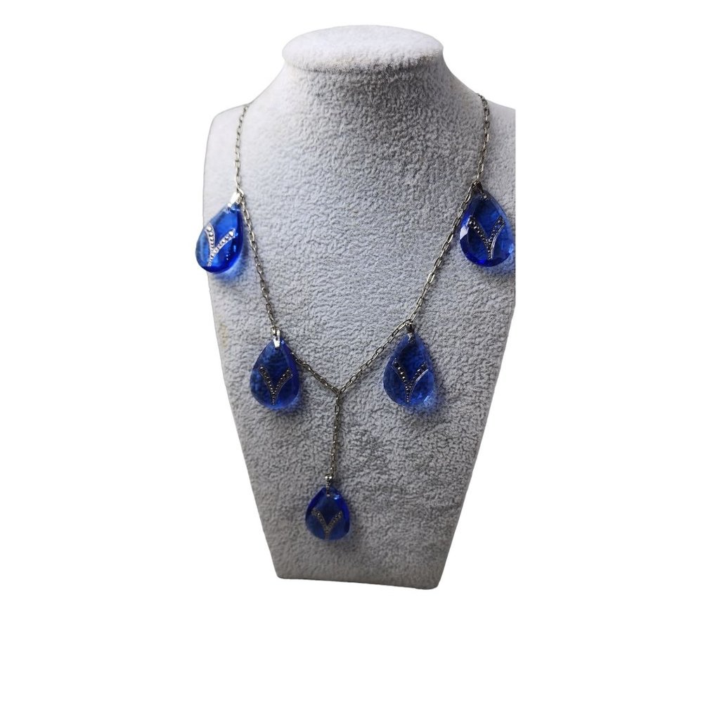 Antique Art Deco Unique Marcasite Inlaid Glass Dangle Drop Necklace (A3010)